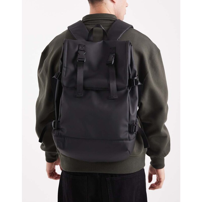 ASOS DESIGN rubberised rolltop backpack in black