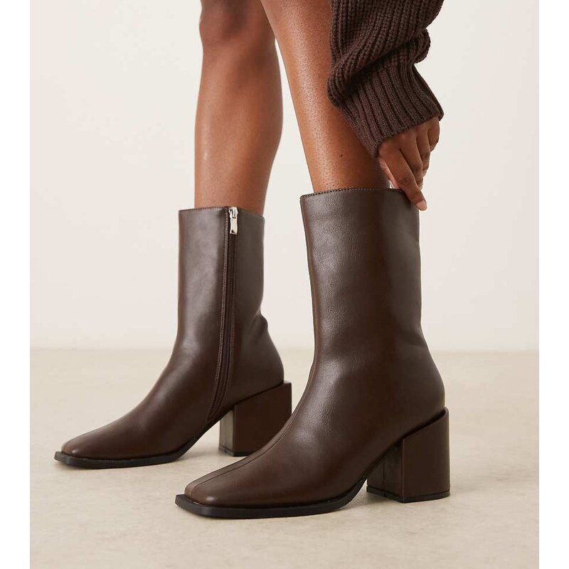 Glamorous Wide Fit block heel square toe boots in brown micro