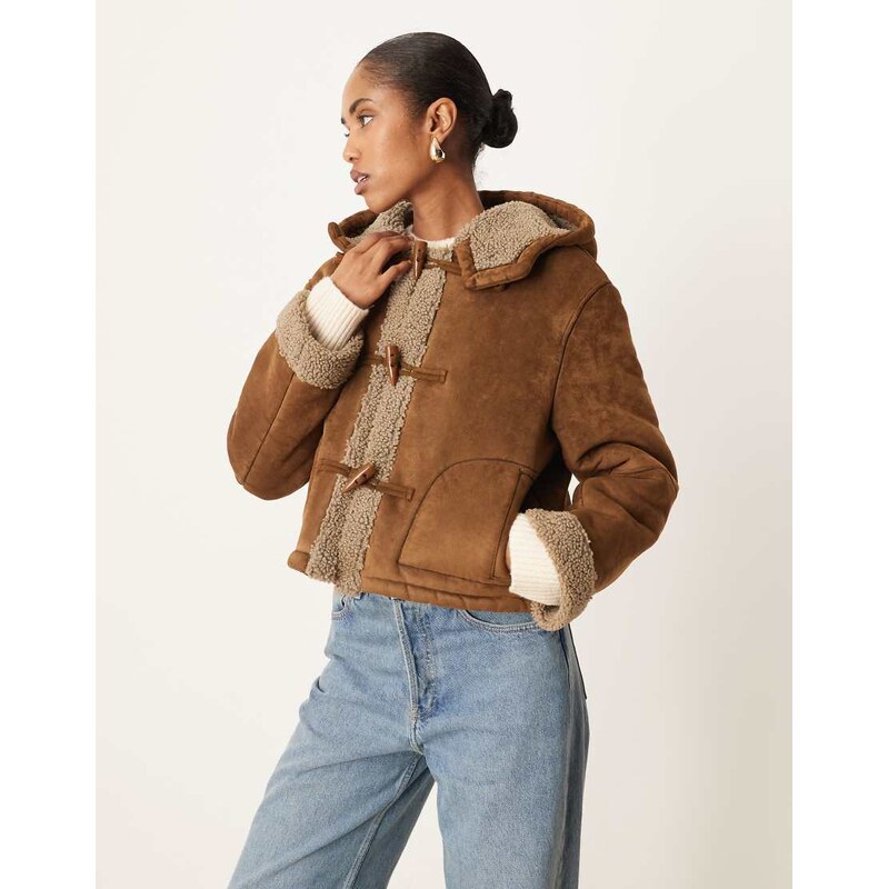 ASOS DESIGN hooded borg jacket in mocha-Brown