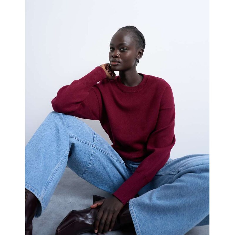 Topshop knitted compact fitted waist jumper in burgundy-Red