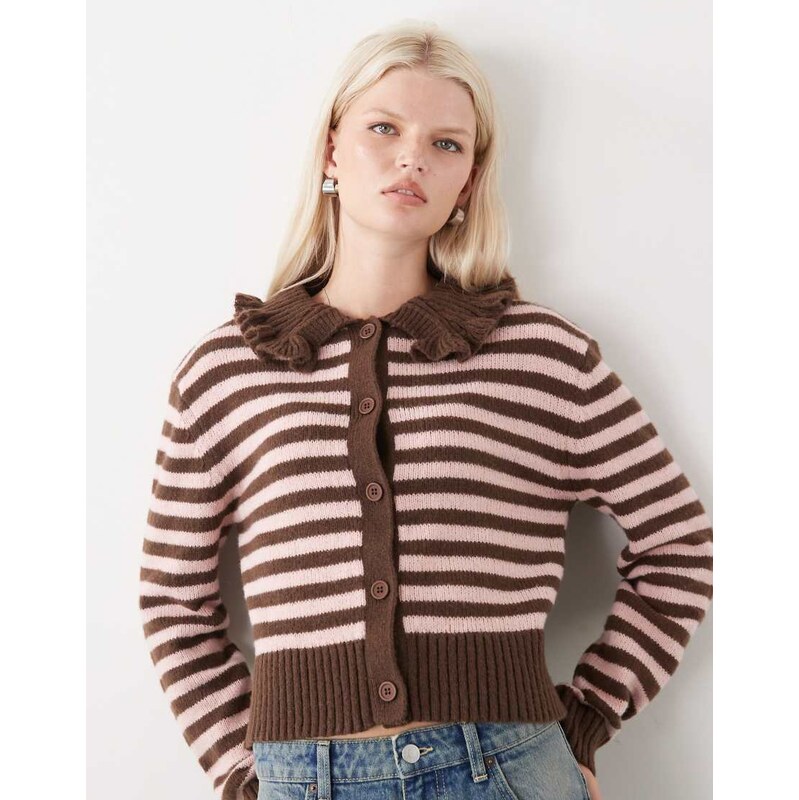 COLLUSION stripe knitted cardi with frill collar in pink and brown 109113325