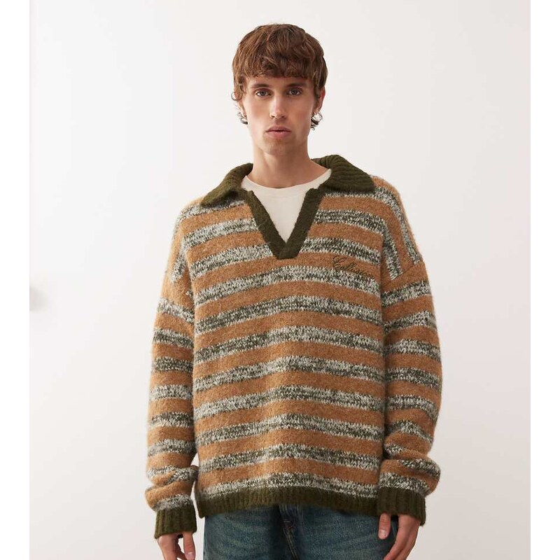 COLLUSION Knitted stripe boxy collared sweat jumper in brown