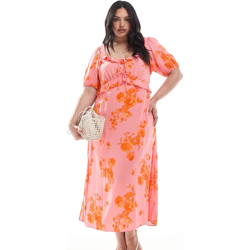 New Look Plus New Look Curve ruffle milkmaid midi dress in floral pink 108091336
