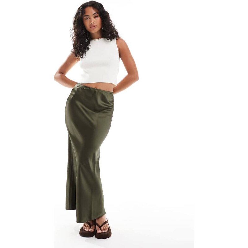 New Look satin bias midi skirt in khaki-Green 108091341