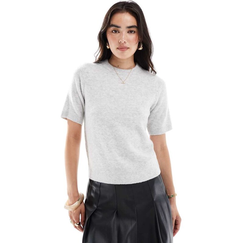 New Look puff sleeve knitted t-shirt in light grey 108214285