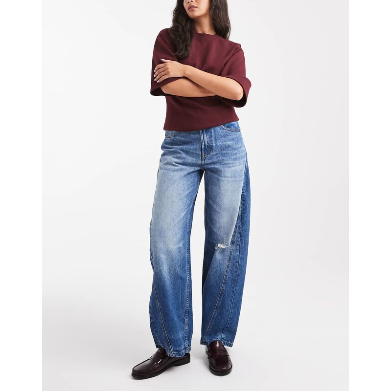 ASOS DESIGN barrel leg jeans with panelling and cinch in midwash