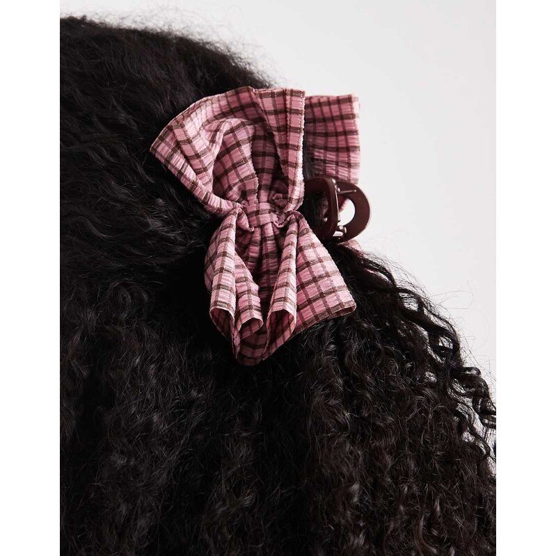 ASOS DESIGN hair claw with pink gathered check fabric detail 108091413