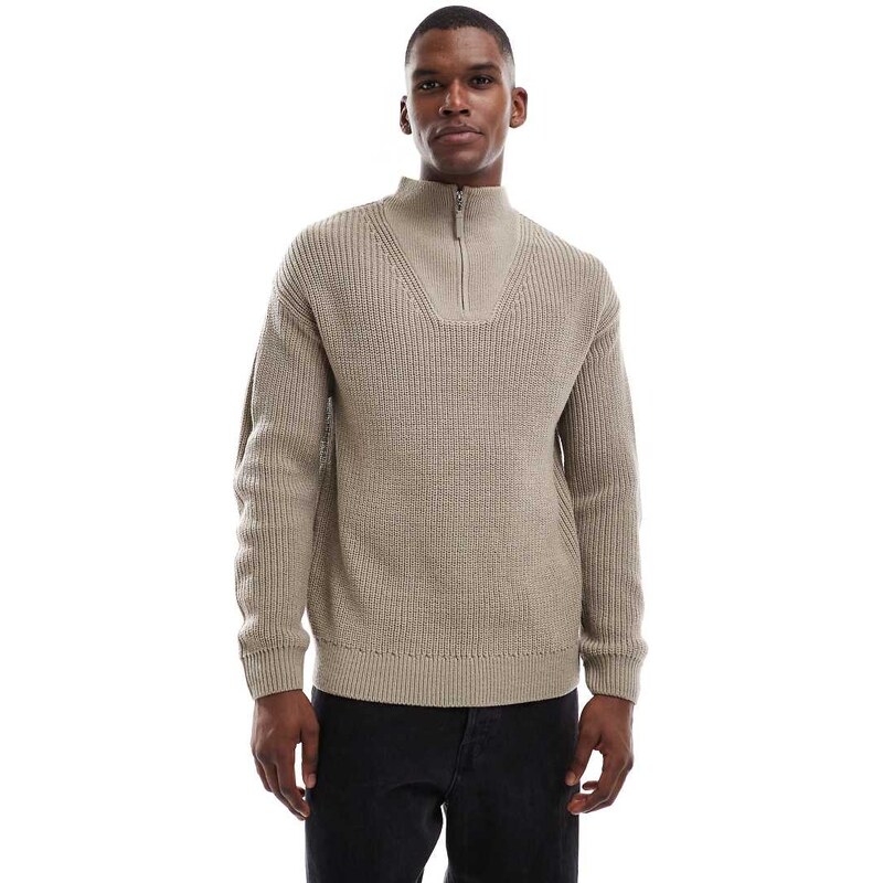 New Look fisherman knit 1/4 zip jumper in mink-Grey