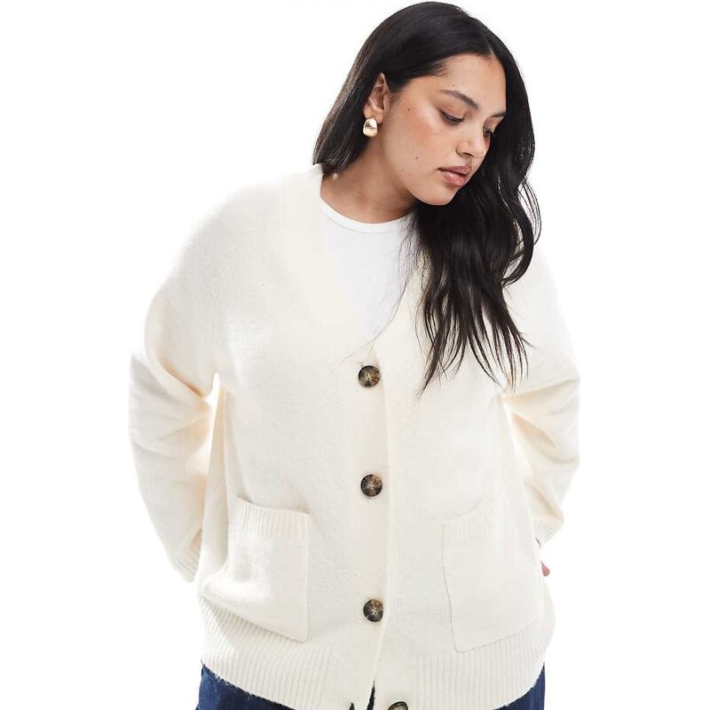 Vero Moda Curve boxy knitted cardigan with pockets in cream
