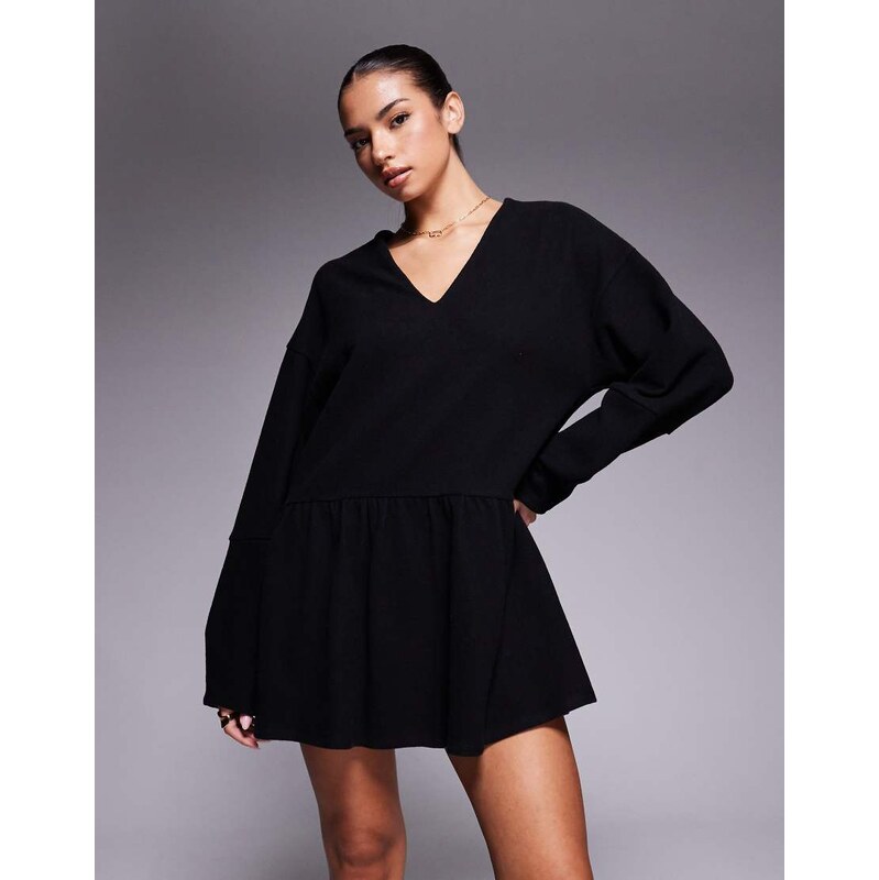 ASOS DESIGN supersoft V front dropped waist mini dress in black