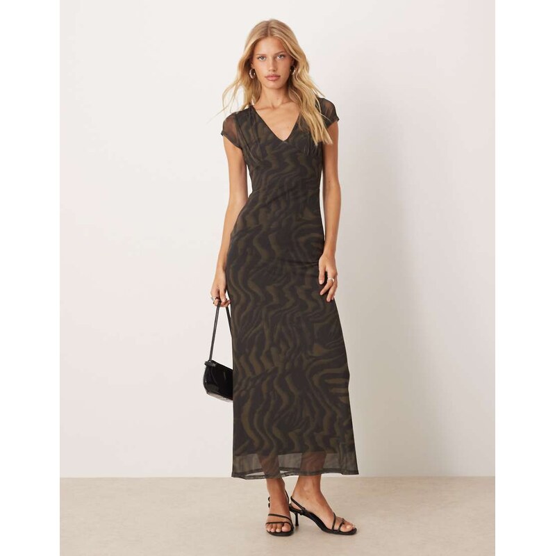 ASOS DESIGN mesh collared puff sleeve midi tea dress in animal