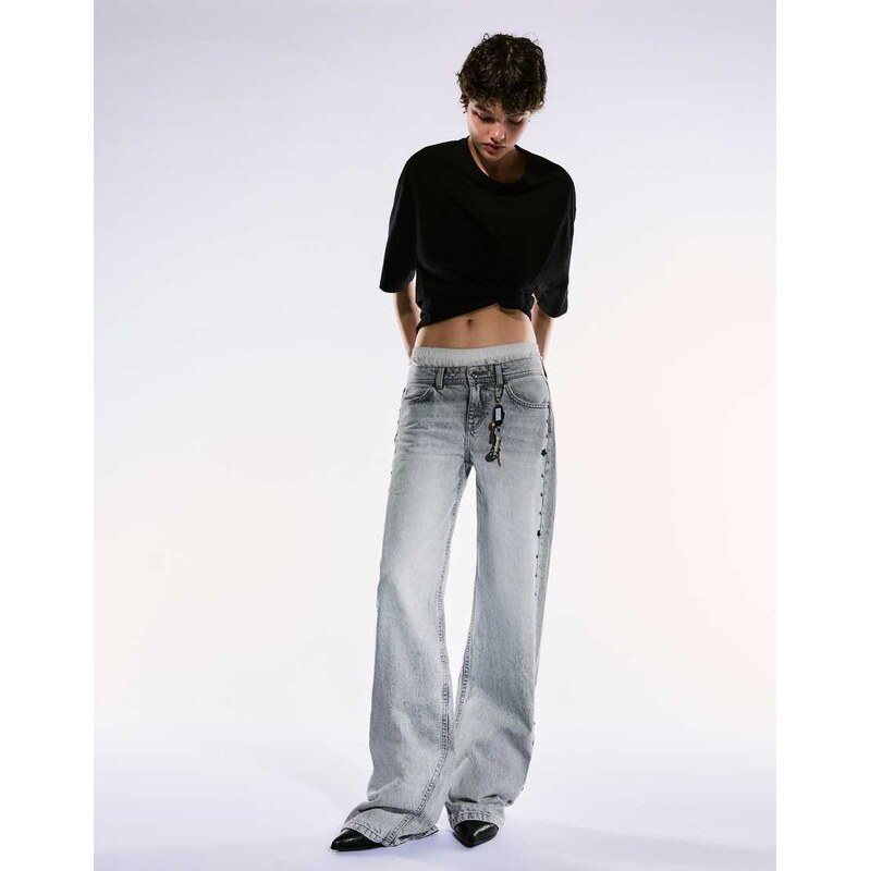 Bershka Baggy jeans with stars and studs in light grey
