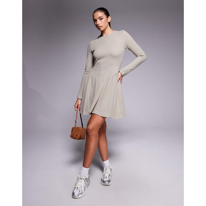 ASOS DESIGN supersoft long sleeve godet mini dress in taupe-Neutral 113262885