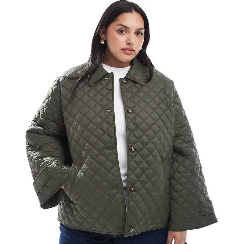 Vero Moda Curve button down quilted jacket in deep khaki-Green