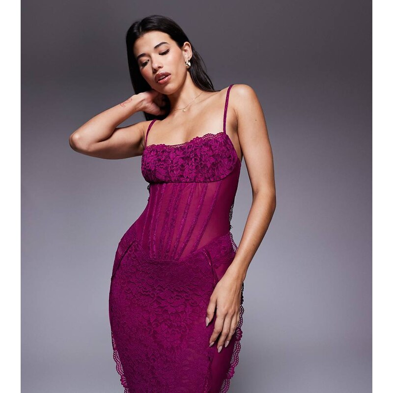 Murci exclusive sheer lace corset detail cami maxi dress in purple 109589655