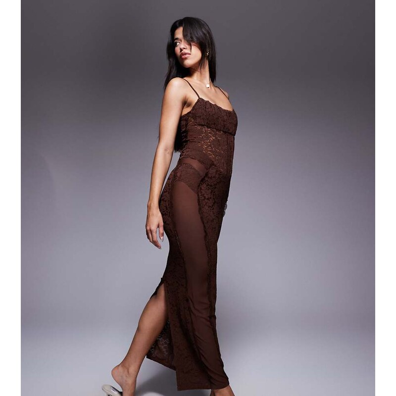 Murci exclusive sheer lace corset detail cami maxi dress in chocolate 108091617
