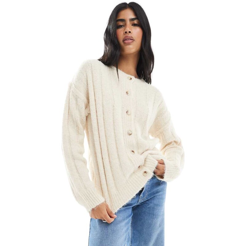 Daisy Street wide rib chunky brushed cardigan in sand-Neutral 108176019