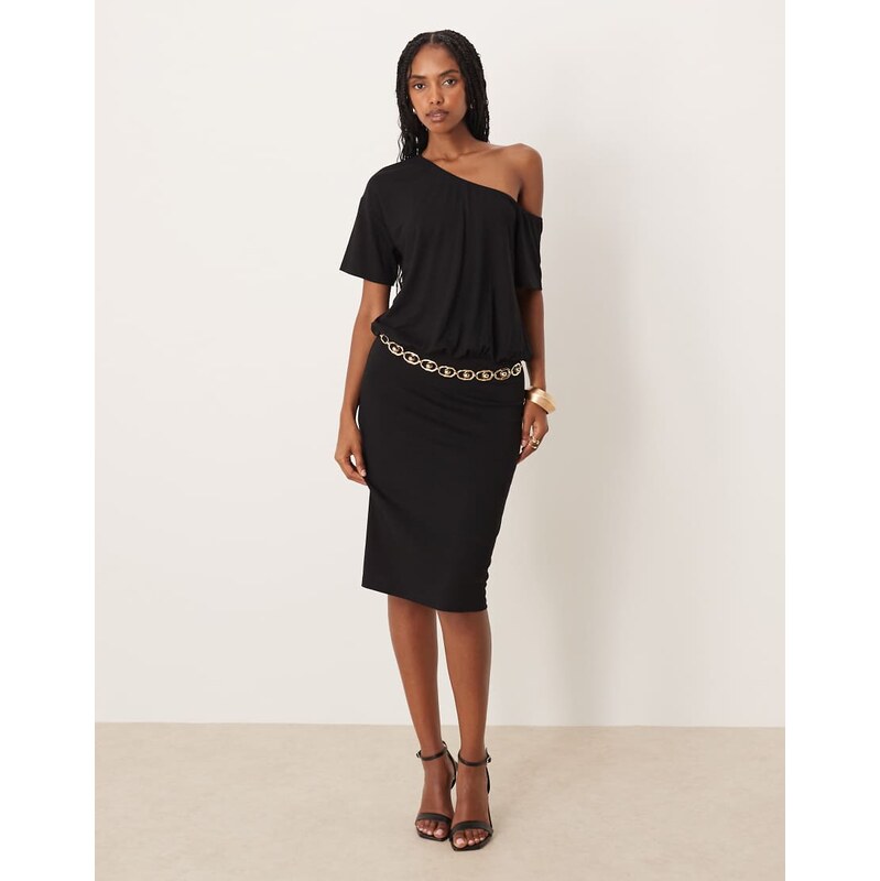 ASOS DESIGN awkward length dress with slouchy off shoulder