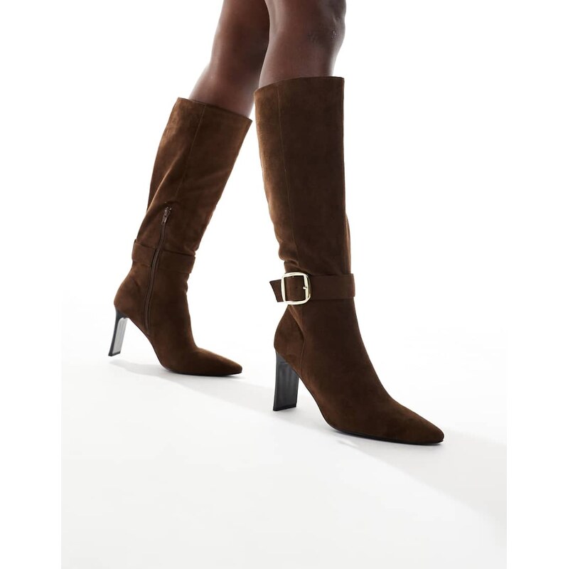 London Rebel Leah kitten heel knee boots with buckle detail in 113262045
