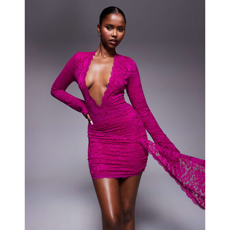 Murci plunge neck drape side long sleeve lace mini dress in