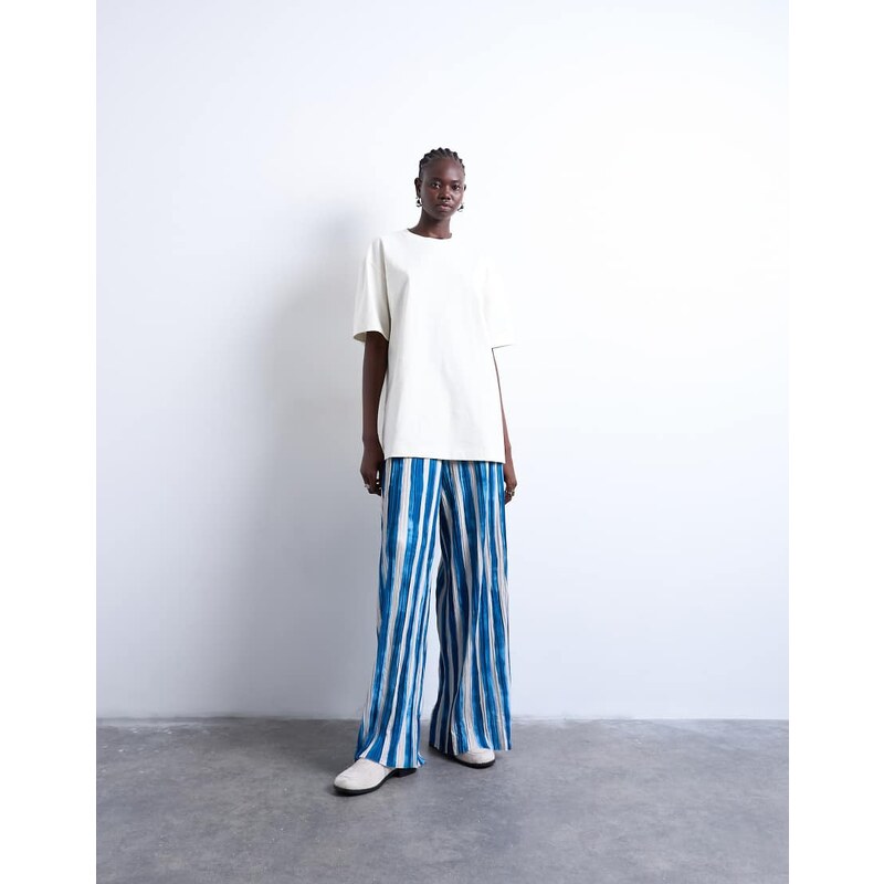 Topshop stripe crinkle wide leg trousers in navy 115514107