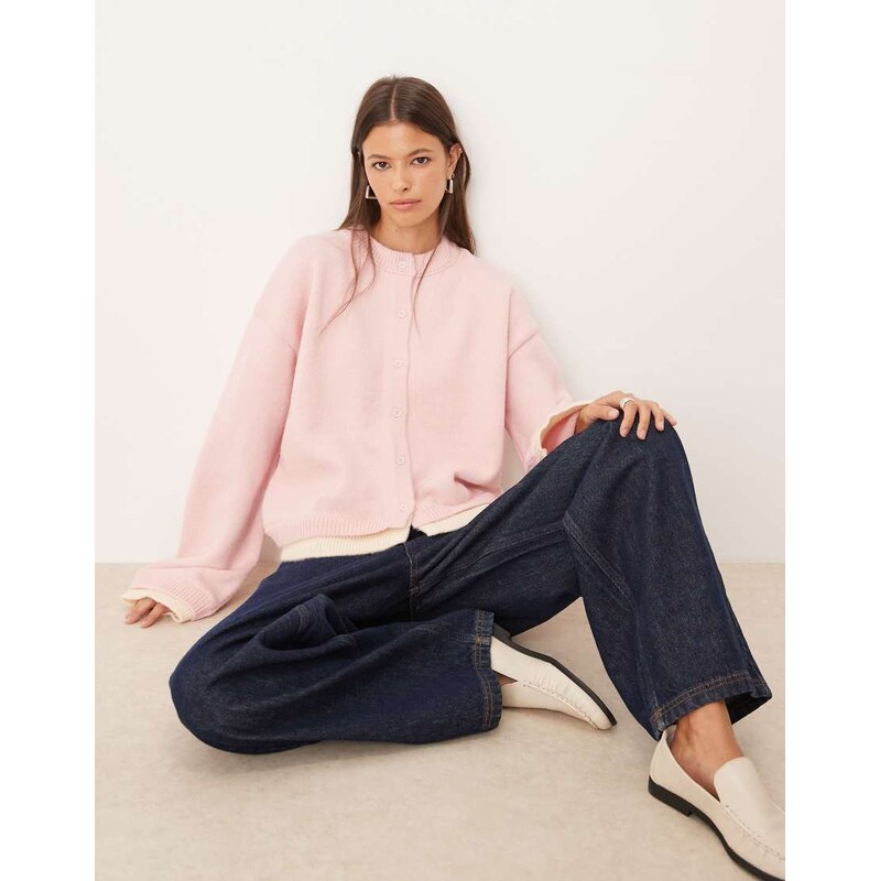 ASOS DESIGN knitted oversized cardigan with double layer in pink 108433162
