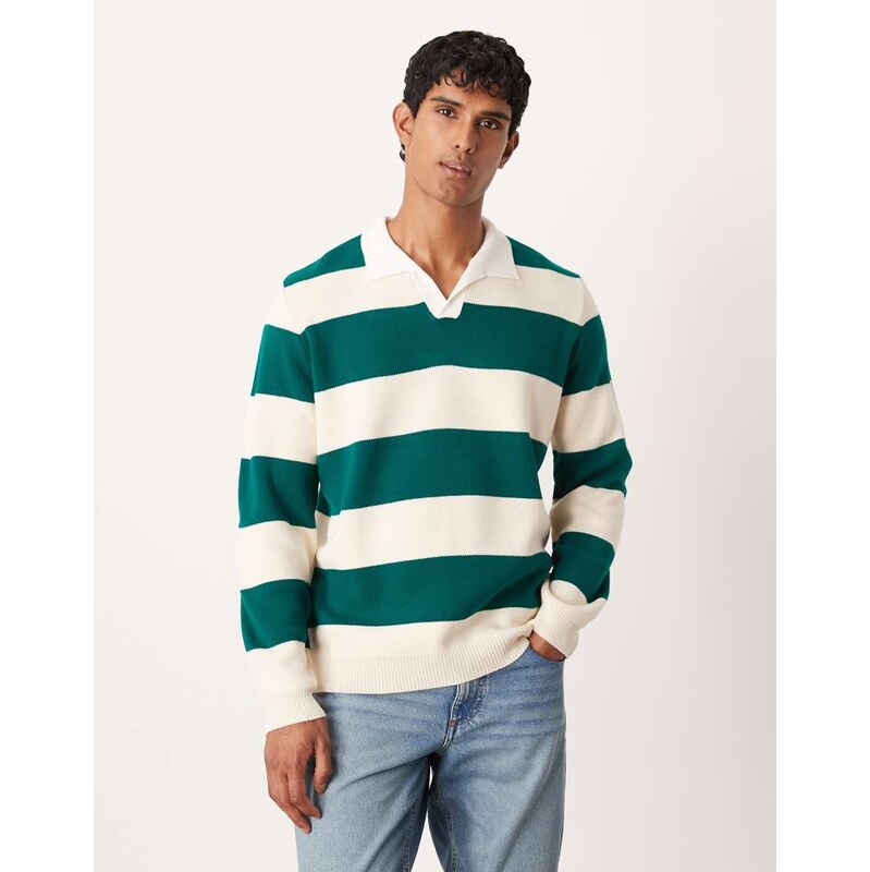 ASOS DESIGN knitted long sleeve rugby polo in green stripe