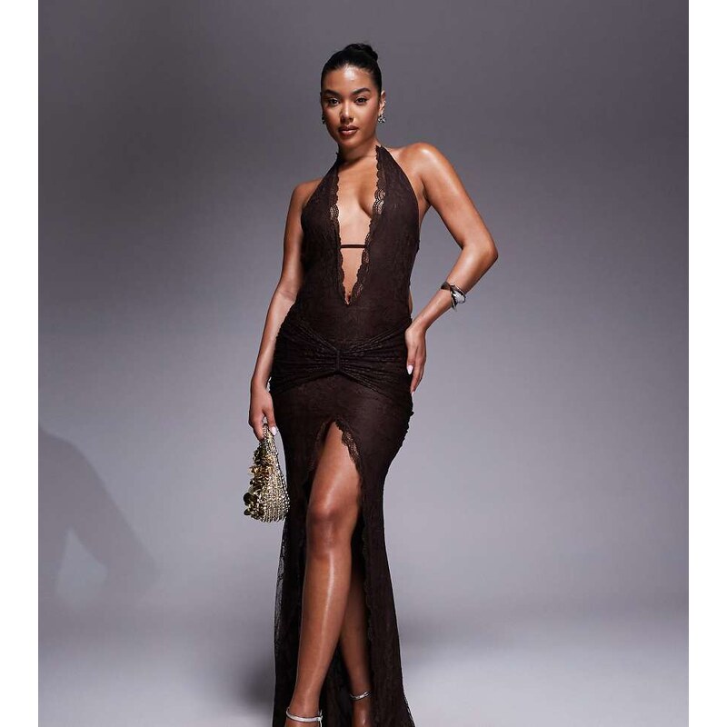 Murci exclusive lace halterneck deep plunge front split maxi