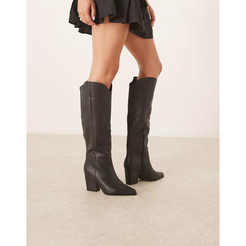 ALDO Kaely Wide leg western detail knee high boots in leather black 108111561