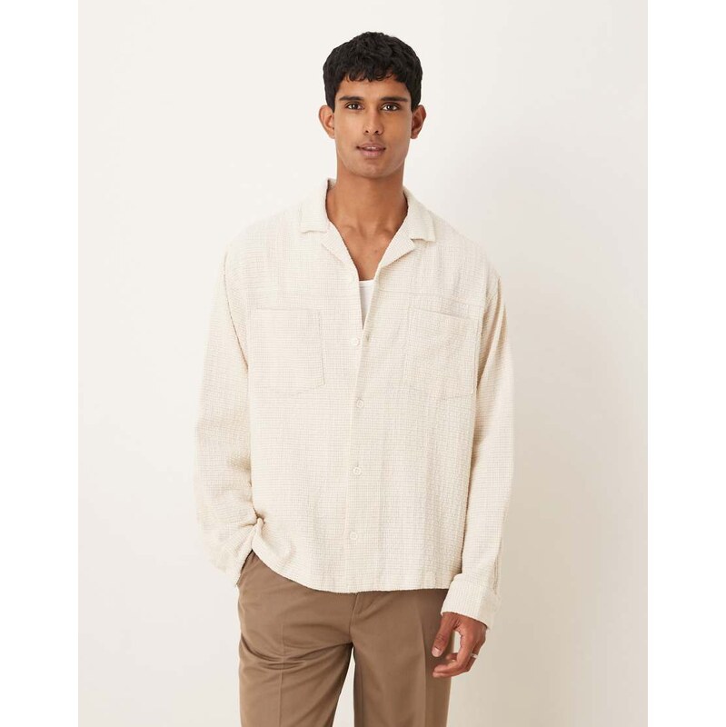 ASOS DESIGN oversized revere textured shirt in stone micro check