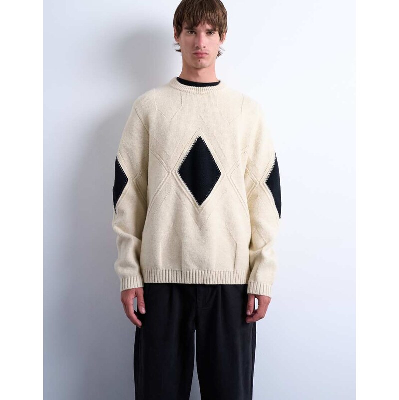 Topman diamond knitted jumper in ecru-White