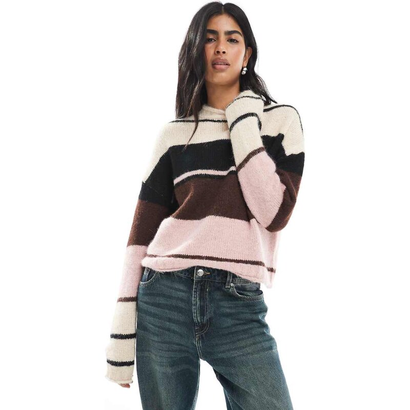 Daisy Street Daisy Streer roll neck stripe jumper in pink and