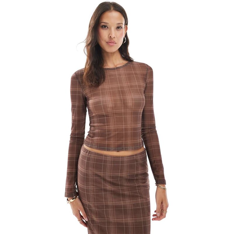 Vero Moda sheer mesh long sleeve top co-ord in mocha check print 108098792