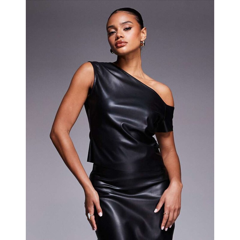 ASOS DESIGN asymmetric off shoulder pu top in black