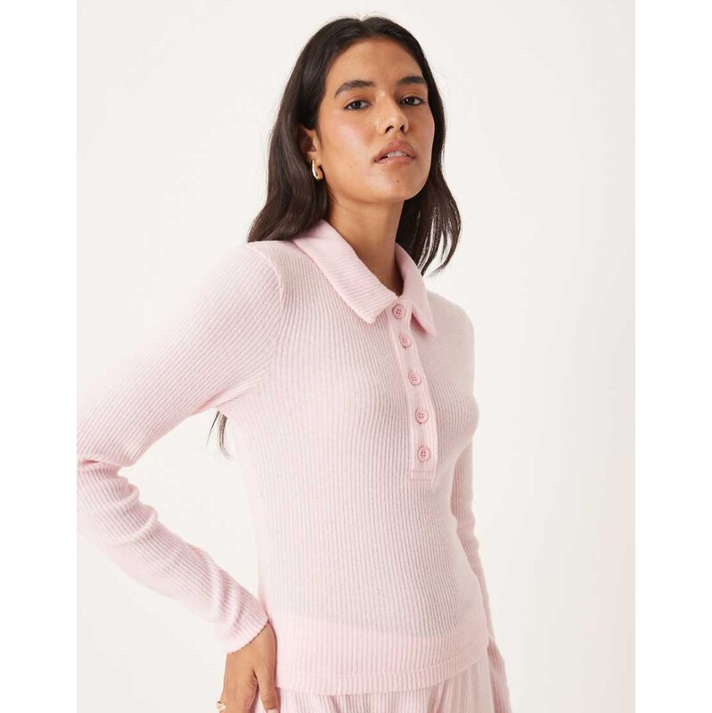 ASOS DESIGN co-ord brushed rib long sleeve top in pink-Grey