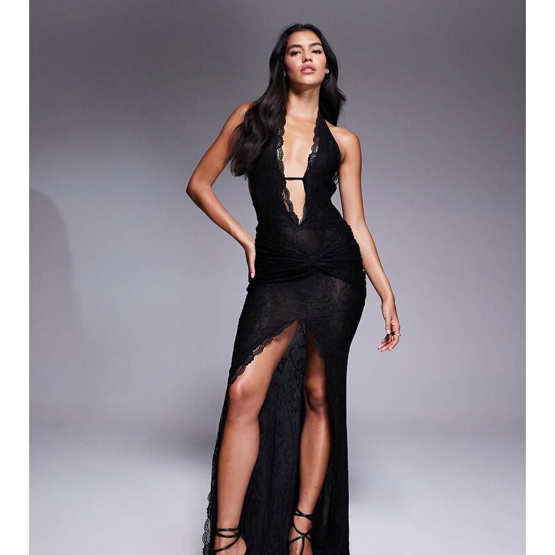 Murci exclusive lace halterneck deep plunge front split maxi dress in 113289717