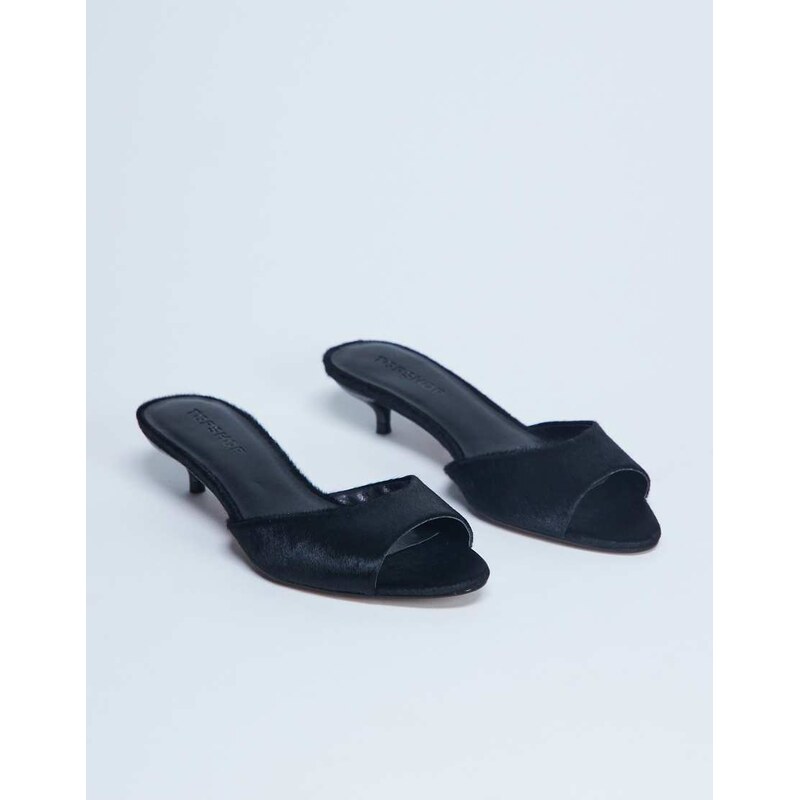 Topshop Alba peep toe kitten heel mule in black hair on real leather 115512420