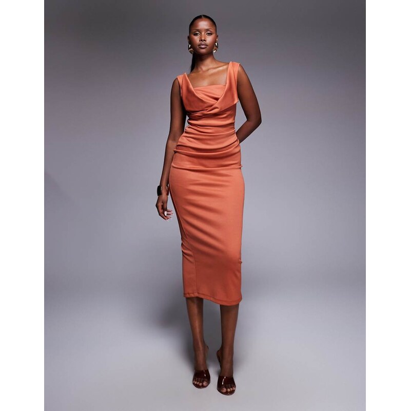 ASOS DESIGN square neck pleat bust midi pencil dress in rust-Red
