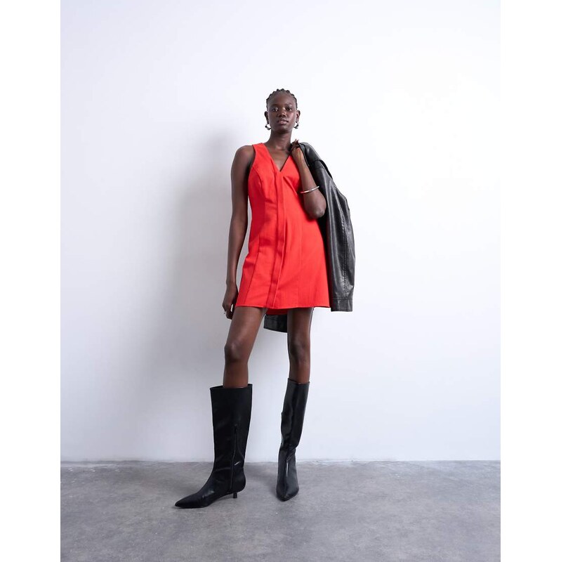 Topshop v neck clean placket structured mini dress in red