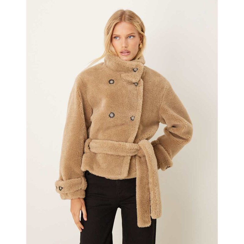 ASOS DESIGN borg cropped trench coat in oatmeal-No colour