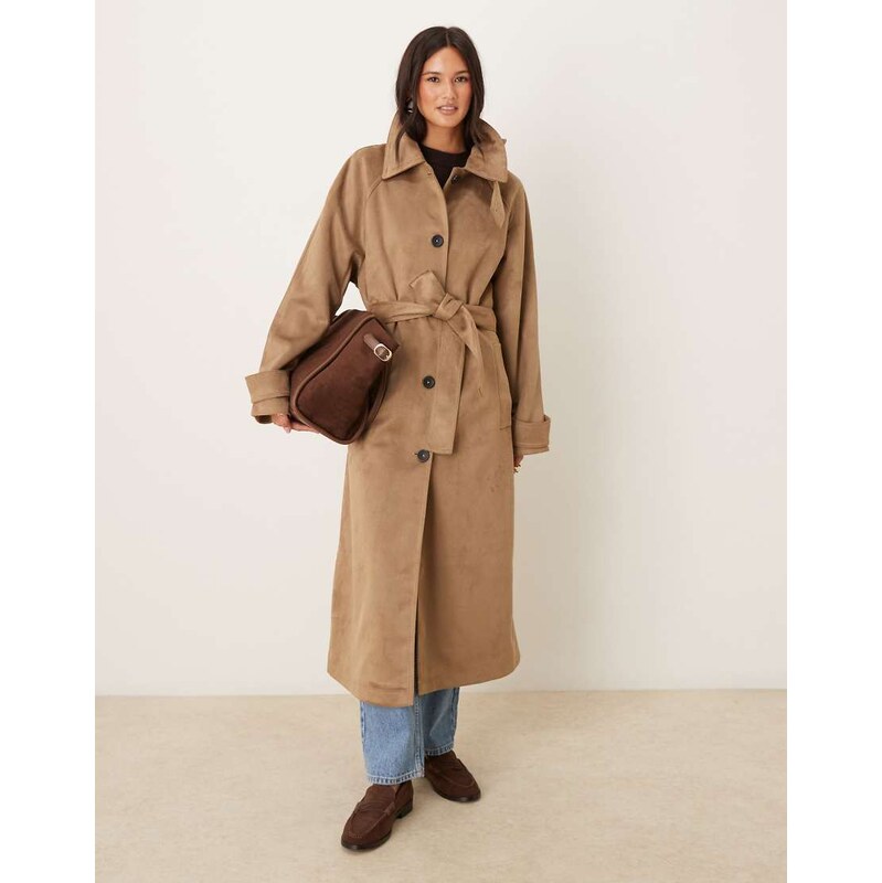 ASOS DESIGN faux suede funnel neck trench coat in stone-No colour 109445786