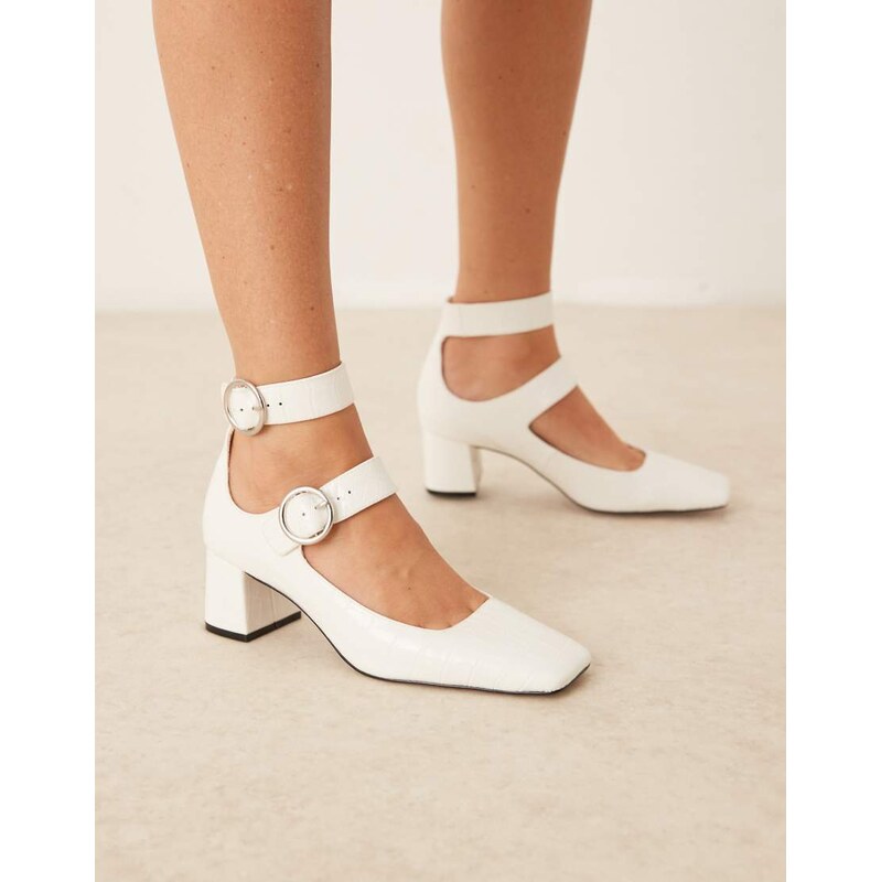 ASOS DESIGN Sasha double buckle strap mid block heel shoes in off white croc