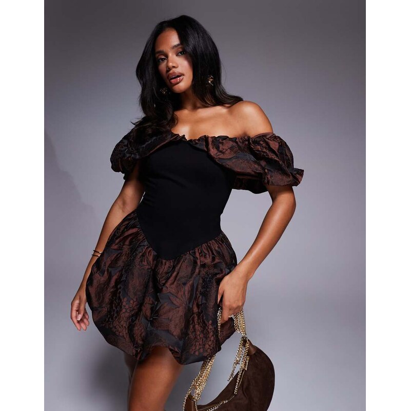 ASOS LUXE jacquard bubble off shoulder mini dress in chocolate floral 108114876