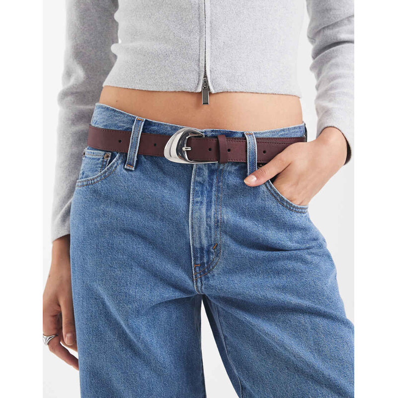 ASOS DESIGN angled buckle waist and hip jeans belt in burgundy