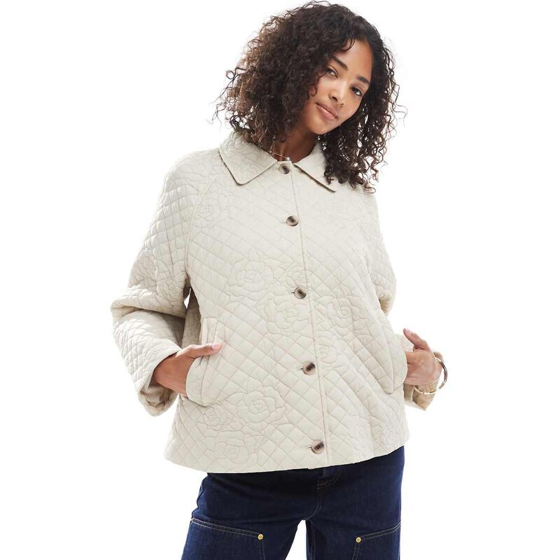 Pieces rose embroidered quilted jacket in cream-White 108114925