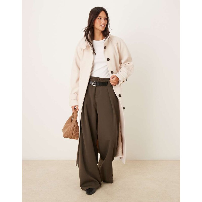 ASOS DESIGN funnel neck longline formal trench coat in oatmeal-Neutral 115510934