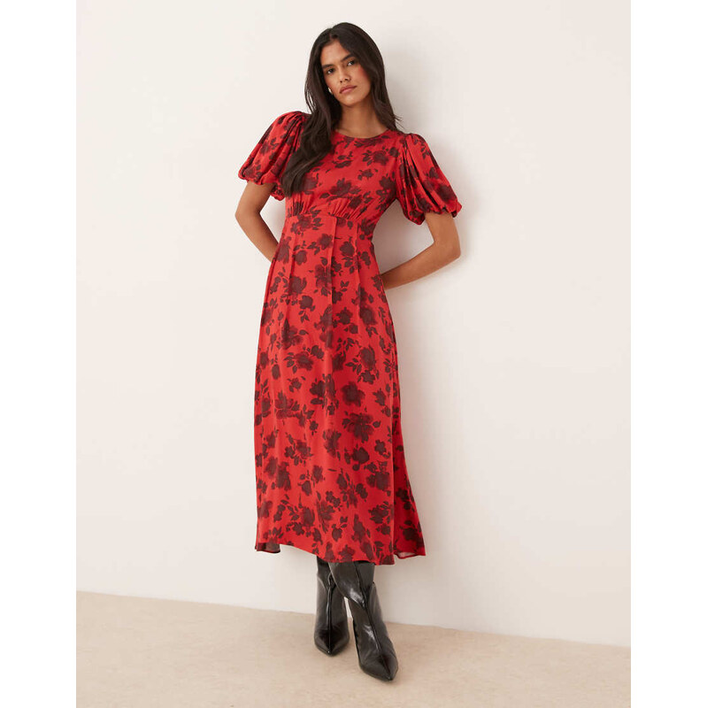 Nobodys Child Quinn puff sleeve midi dress in red floral