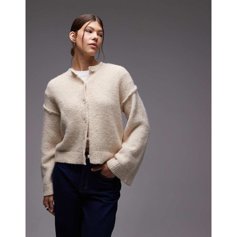 ASOS DESIGN knitted cardigan with exposed seams with wool in cream 108244987