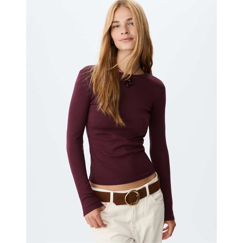Stradivarius Long sleeve basic t-shirt in aubergine-Purple 108114996