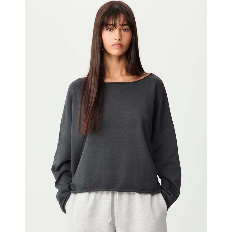 Stradivarius Boat neck cropped sweater in dark grey 108114993